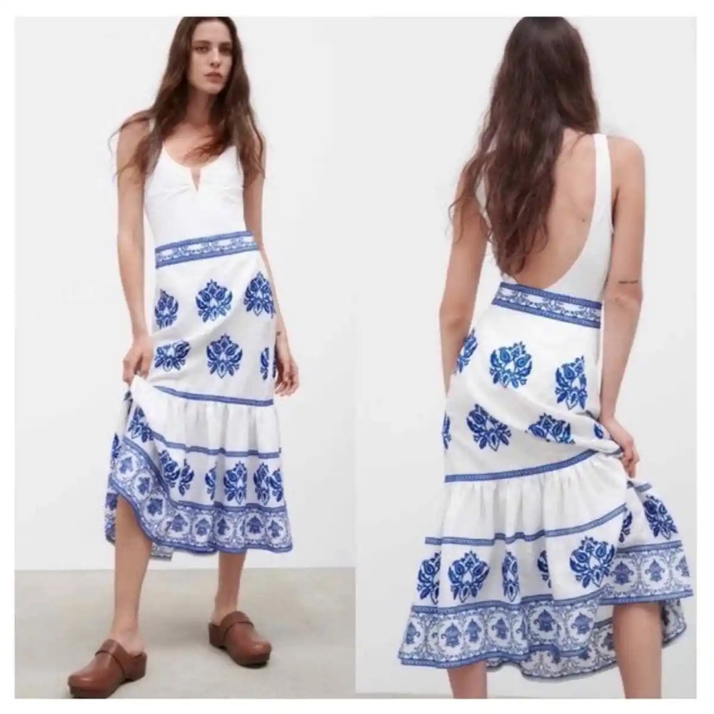 Zara Linen Embroidered Midi Skirt